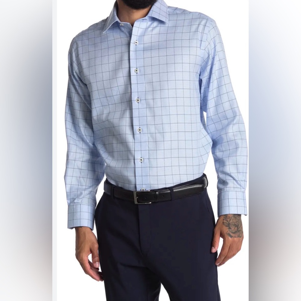 Lorenzo Uomo Dress Shirt Blue Windowpane Check Spread Collar Cotton Size M